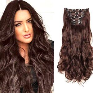 Clip in Hair Extensions Full Head Curly Wavy Natural w/16 Clips 7 Piece DK Brown